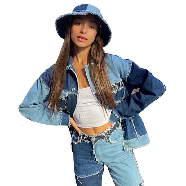 

spring and fall women fashion tie-dye stitches color reverse pocket long mouw button jas short denim coat, Black;brown