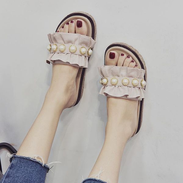 

slippers flock women sandals solid ruffle pearl ladies slides summer flat-with thick platform non-slip casual womans shoes, Black