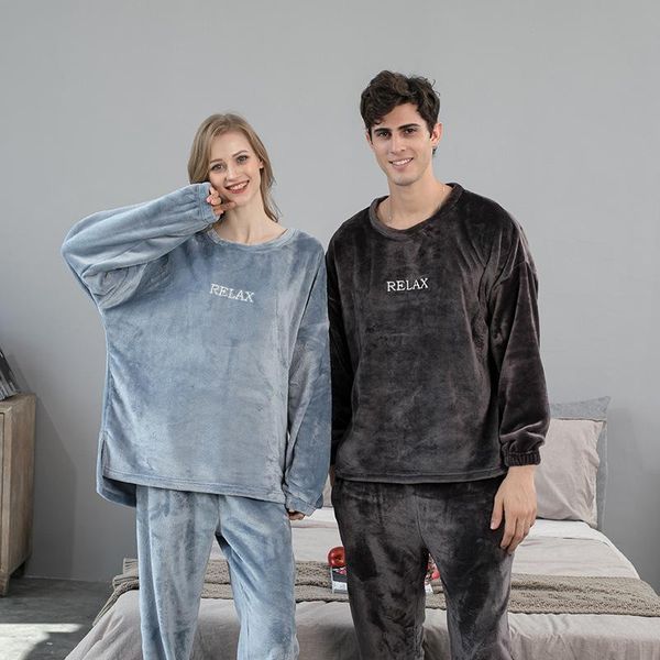 

men's sleepwear 2021 autumn couple pajamas home wear loose pullover two-piece pijama pareja pyjama homme men pejama flannel set, Black;brown