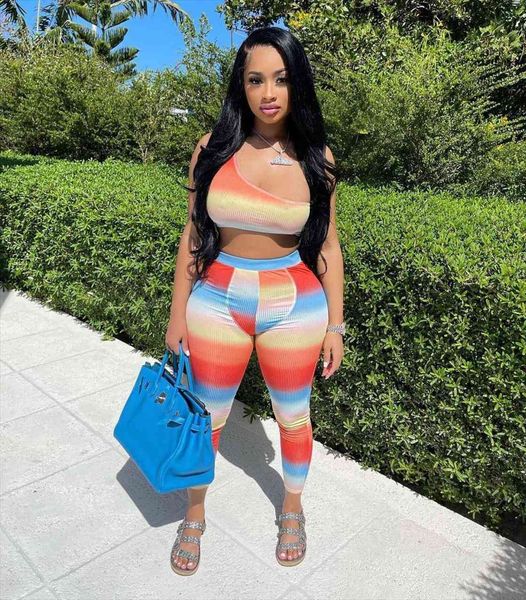 

vavcy summer suit rib womenpant fabric colorblock matching one shoulder vest women beach holiday wear, White