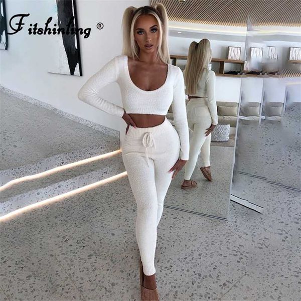 FitShinling Malha de Pelúcia Casa Terno para Mulheres Correspondência Conjuntos Loungewear Fitness Slim Sexy Duas Peças Outfit Roupas Macias Venda Feminina 211007