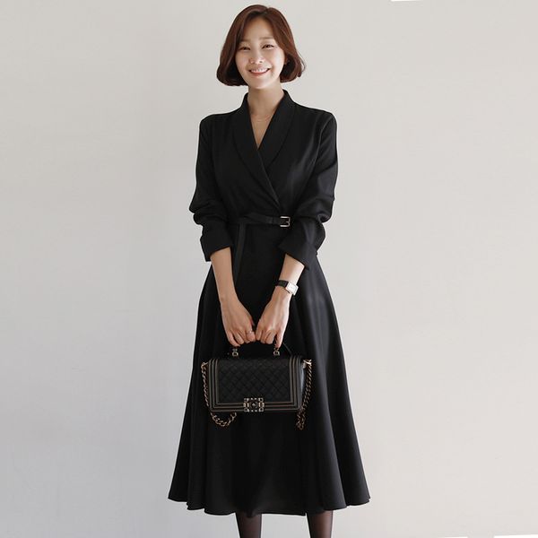 

lady of the autumn dress female high-waisted black professional line big swing woman dressed mujer m4dw, Black;gray