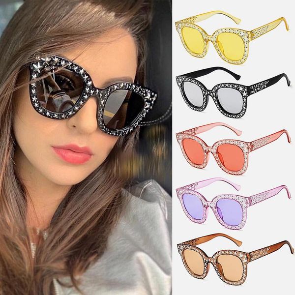 

sunglasses ladies cat eye anti-ultraviolet transparent ocean color lenses stars embellished trendy oculos feminino, White;black