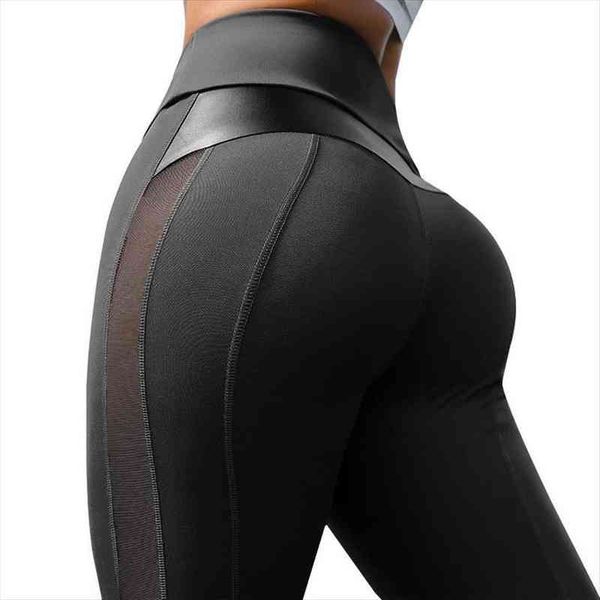 

high waist fitness push up womens leggings sport workout pu leather patchwork jeggings anti cellulite legins long pants, Black