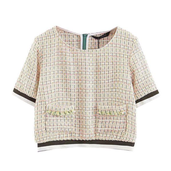 

women's t-shirt shzq women stylish twill plaid crop short sleeve back zipper hem striped design pockets casual chic, White