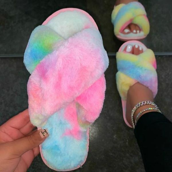 

ins trend design multi furry women slippers indoor fluffy soft house fur slides flats non slip room shoes ladies celebrities, Black