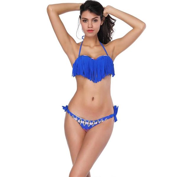 

women's swimwear 2021 blue print tassel bikini set underwire adjustable strap summer bathing low waist female swimming suit bowknot biq, White;black