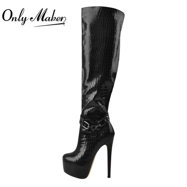 

boots onlymaker winter thigh high heel over the knee lady black pu patent leather crocodile print metal chain decoration zipper