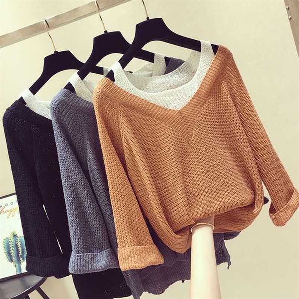 

autumn women's solid color fake two-piece long-sleeved off-the-shoulder sweater female loose bottoming pullover 211007, White;black