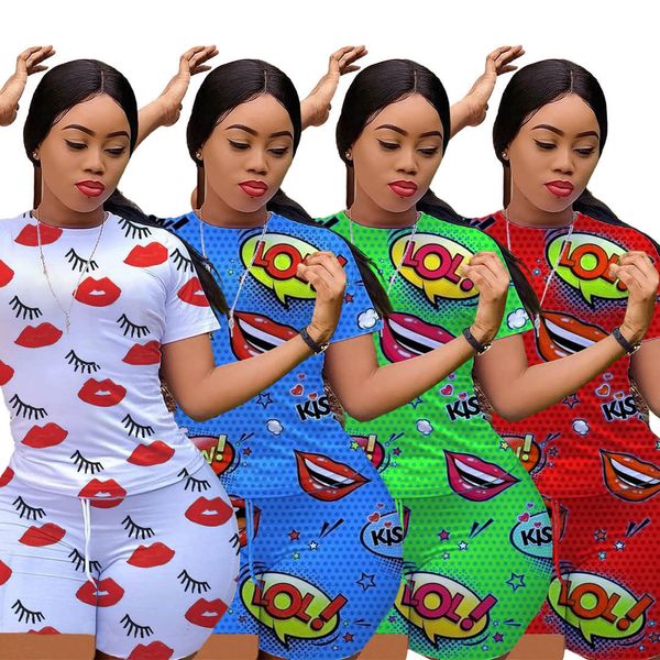 

women tracksuit two piece set designer 2021 new fashion lips printed casual short t shirt shorts outfits summer club lady casual sports suit, Gray