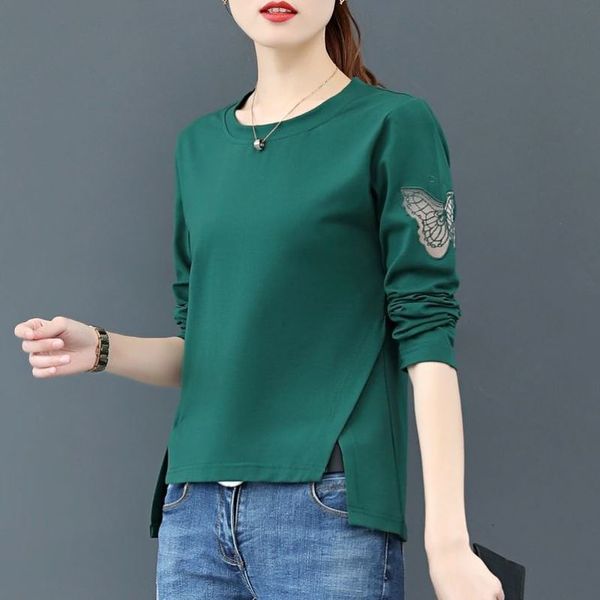 

women's t-shirt female cotton shirt, long sleeve loose round collar, korean style, plus size, for spring, 100% ep94, White