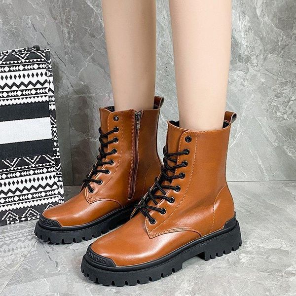 

boots round toe cross strap mid heel woman single 2021 autumn women pu zipper zapatos de mujer, Black