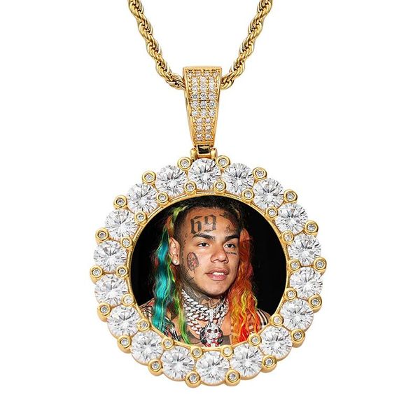 

pendant necklaces hip hop prong set cubic zirconia bling out round po frame for women men lovers rapper jewelry, Silver
