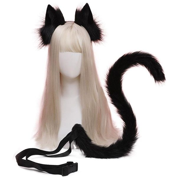 

hair accessories hand-made cat ear headdress plush simulation animal ears tail jewelry cute headband, Slivery;white