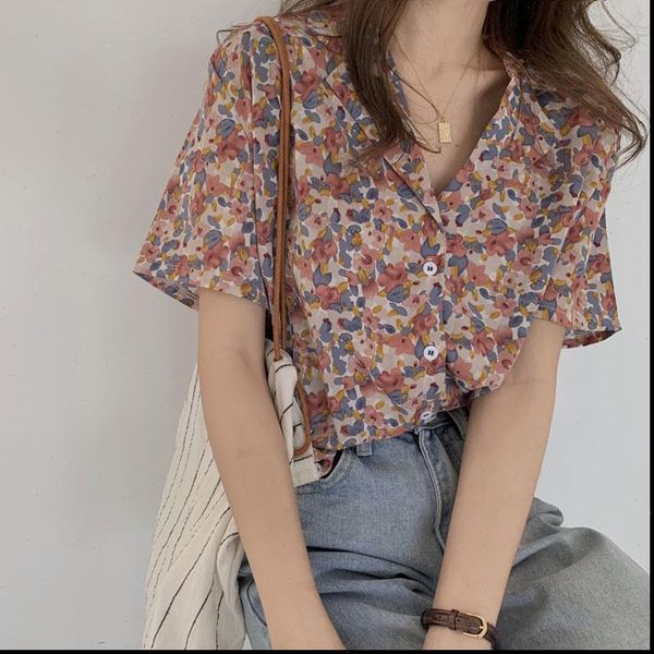 

loose floral blouse womens summer 2021 new style design non mainstream retro blouse korean drop shipping, White
