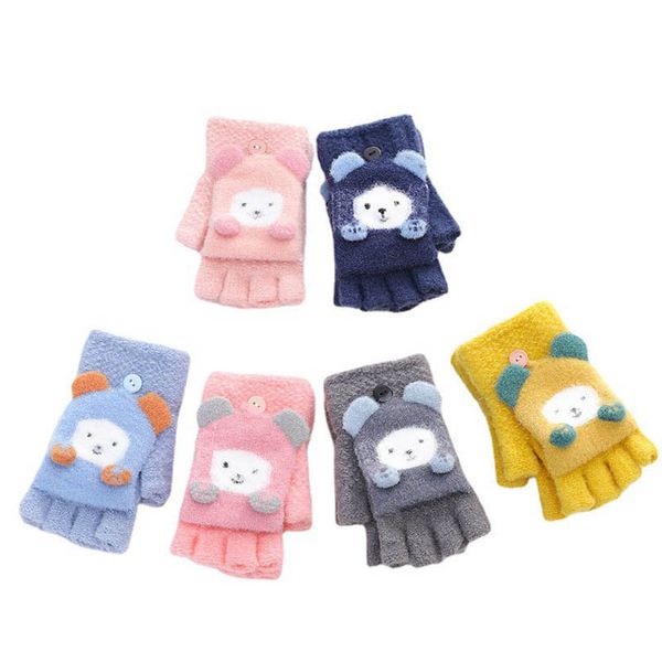 

children fingerless gloves fashion long girls kids accessories autumn and winter thick warm wool knitted flip boys student cartoon cute 8-12, White