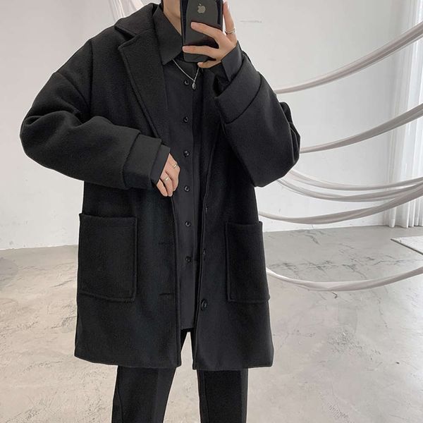 

ins men's korean autumn and winter fashion loose couple's windbreaker medium length woolen coat, Black
