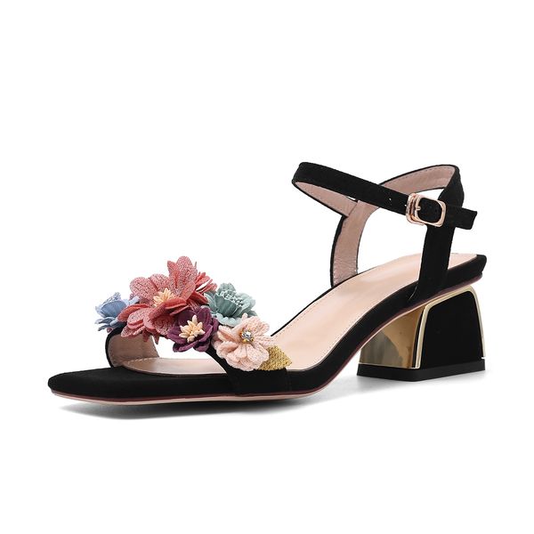 

Summer Genuine Leather High Heels Flower Sandals Woman Ankle Strap Sandals Office Daily Shoes Woman Footwears Size 34-42, Black