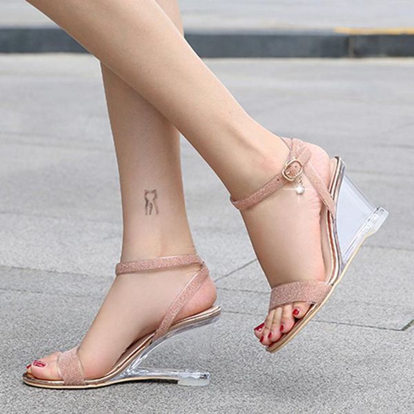 

sandals women buckle daily shallow mouth open toe fashion party stiletto heel elegant ladies wedge crystal 8cm high, Black