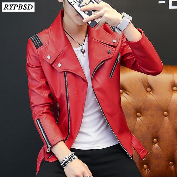 

men's fur & faux pu mens leather jacket classic design 2021 fashion red white black autumn slim zipper biker men coat
