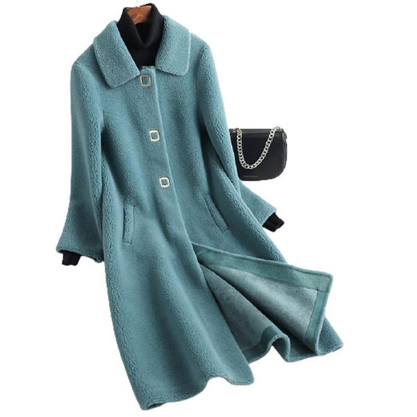 

women's fur & faux 2021 real sheep wool long coat for women button with turn down collar overcoat drop ladies jackets, Black