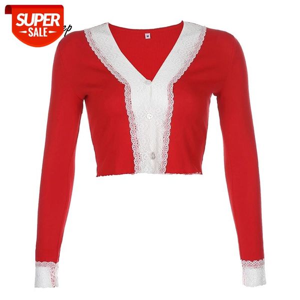 

Weekeep Streetwear Knitted Lace Edge Patchwork Cardigan Tops Autumn V-neck Ruffles Vintage Crop Top Women Cotton Knitwear Tshirt #Ow5I, White