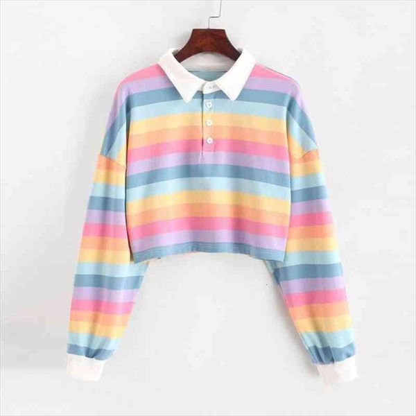 

shirt women sweatshirt long sleeve rainbow color ladies hoodies with button striped korean style sweatshirt women, Black