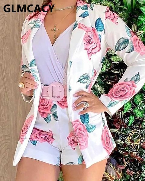 

floral print long sleeve blazer coat & shorts set 210702, White