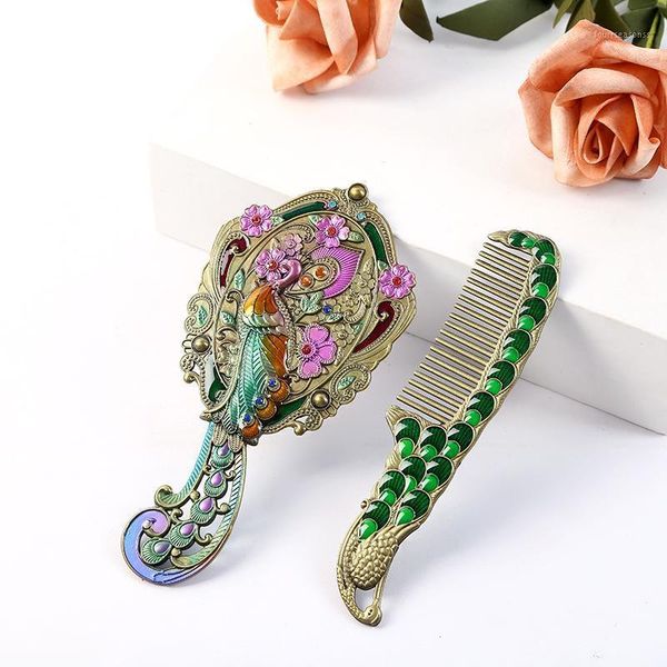 

mirrors russian retro metal cosmetic mirror with comb portable peacock colorful relief handle vanity make up tool1