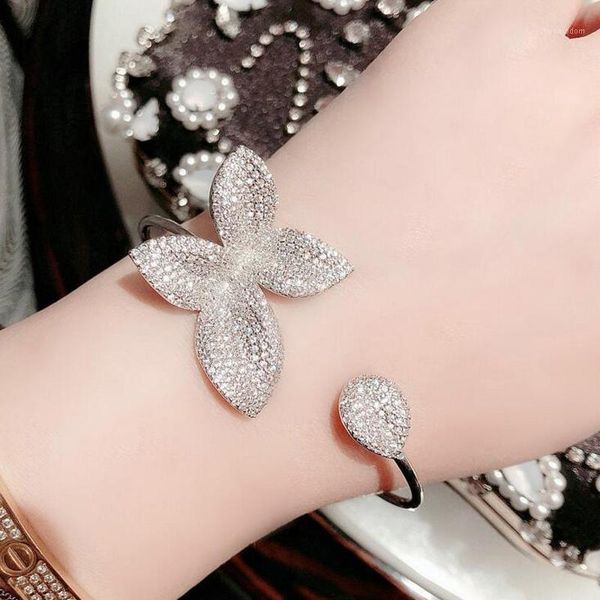 

new design zirconia stones full pave setting flower shaped open hand for women butterfly charm bracelet jewelry1, Black