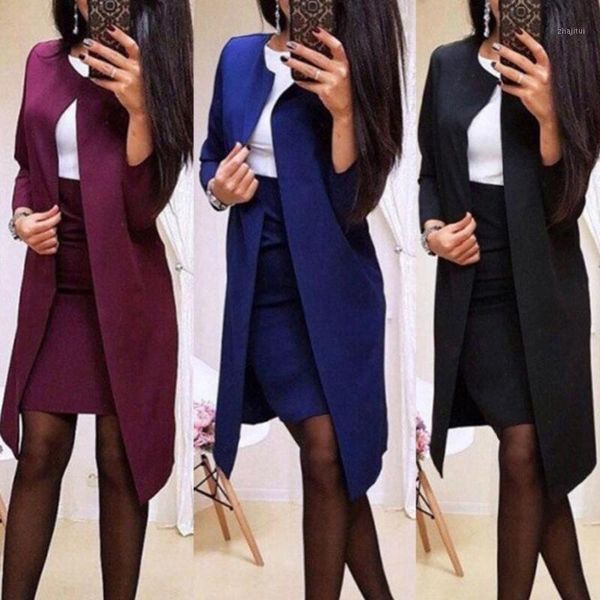 

two piece dress 2 pieces of ladies autumn suits office solid color long suit jackets tight mini skirts elegant women's business blazer, White