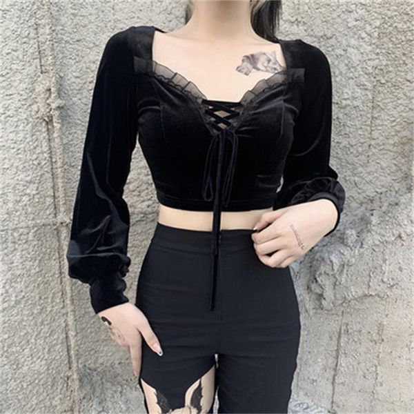 

women's t-shirt gothic clothes y2k retro lace black bandage puff sleeve velvet harajuku blusas mujer camiseta, White