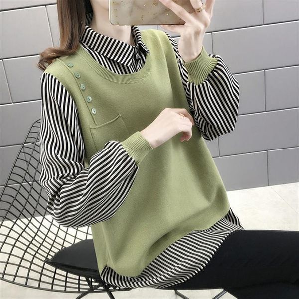

women autumn winter fake womens sweater two pieces casual knitted pullover korean striped patchwork all match long sleeve sweaters s86, White;black