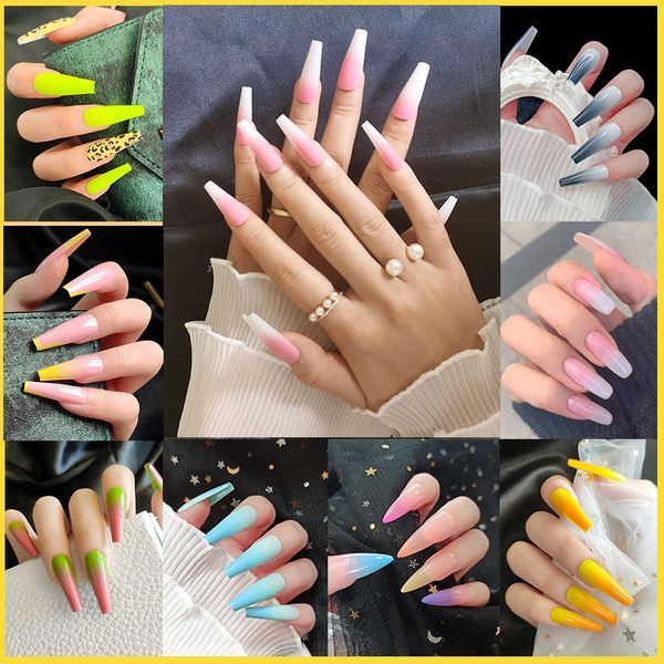 

european and usa long false nails for girls 24 pcs tips colorful ballet fake nail patch, Red;gold
