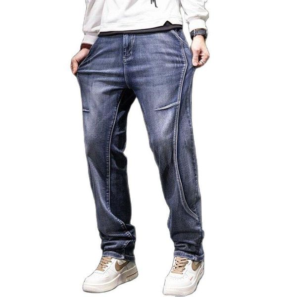 

men's jeans add long loose mens hiphop baggy denim cargo pants leisure men clothing jean trousers plus size 44 bottoms, Blue