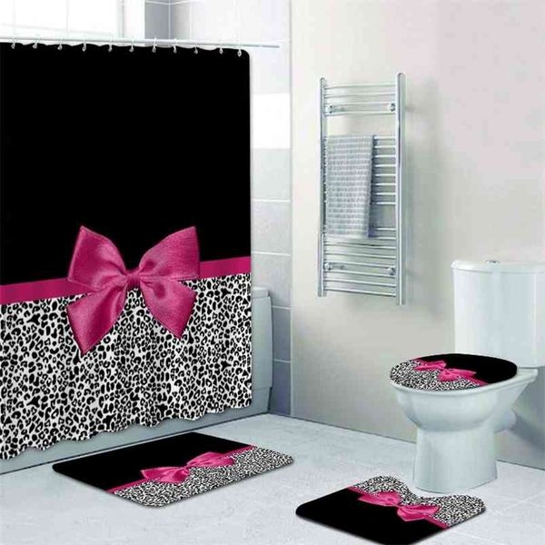 Set di tende da doccia con stampa leopardata con nastro rosa Girly Tende da bagno moderne in ghepardo per decorazioni per la casa del bagno 210915