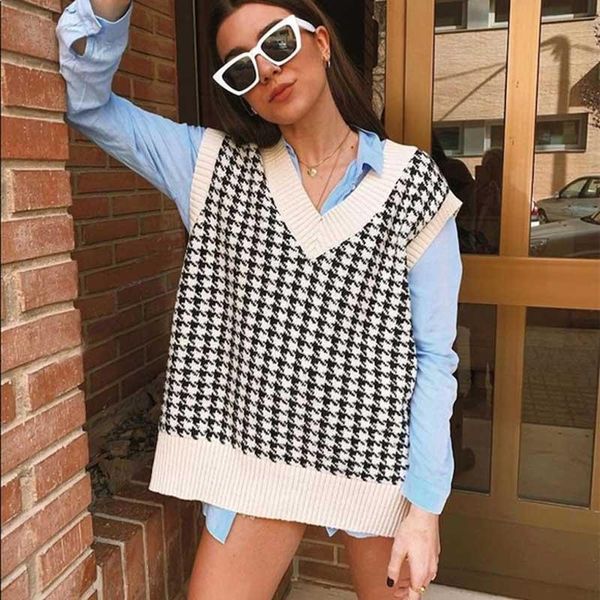 

women's vests boho inspired houndstooth oversized knit sweater women v-neck sleevless knitwear vest casual sweaters pullovers fashion, Black;white