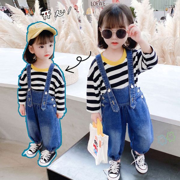 

girls' suspenders suit 2021 new spring korean foreign style children's striped two piece set, Blue