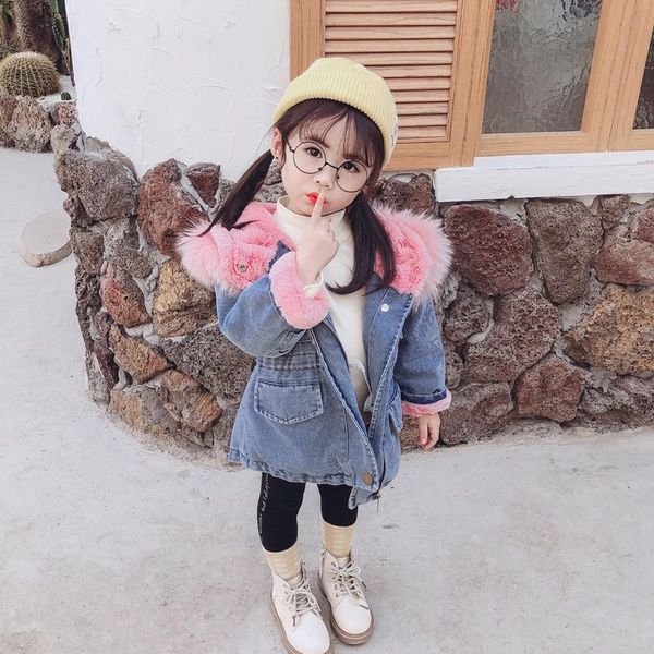 

jackets baby girls winter toddler kids denim coats faux fur hooded fleece thick warm outerwear 1-7 years overcoat casual, Blue;gray