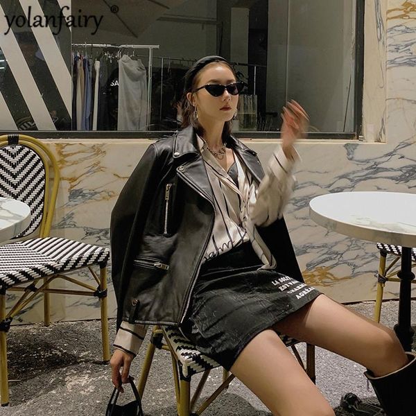 

women's leather & faux genuine jacket women korean sheepskin motorcycle short coat spring autumn cuero genuino c19d02618 pph420, Black