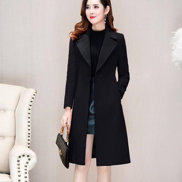 

women's wool & blends 2021 women woollen overcoat mid length over knee autumn winter waist suit collar red black khaki coat