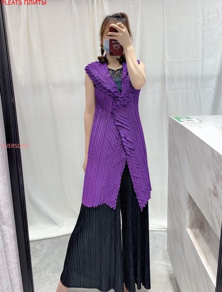 

women's vests fashion solid color pleated loose slim long miyake pleats sleeveless vest, Black;white