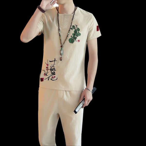 

summer chinese style retro mens tracksuit embroidery short sleeved seven points pants suit 2 pieces sets cotton and linen fabrics, Gray