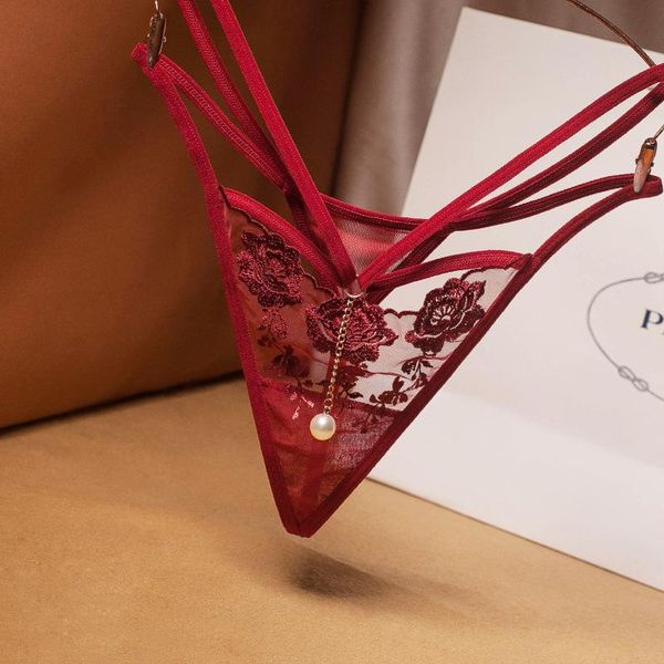 

women's panties t-shaped pants t-back beautiful embroidered hollow out see-through mesh lace seduction cross-strap underwear, Black;pink