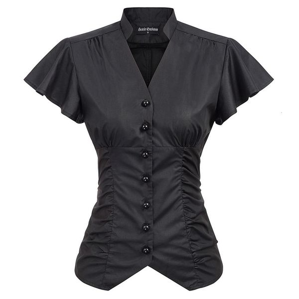 

summer shirt women pure color renaissance punk short sleeve v neck pleated shirt ladies elegant gothic rock medieval blouse, White