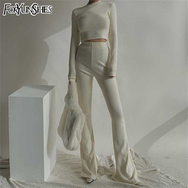 

foryunshes 2 piece sets outfits tracksuits sweat suits knitted basic crop high waisted casual flare pants set 211022, White
