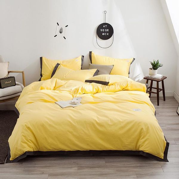 

yellow bedding cotton set nordic 100% cotton sheet, pillowcase & duvet cover contrast color black side bedcloth solid bed linens