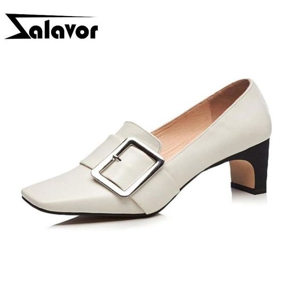 

dress shoes zalavor brand women pumps genuine leather fashion quality high heels vintage square toe buckle footwear size 32-43, Black