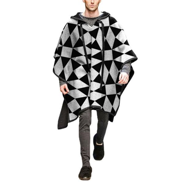 

men's wool & blends fashion 2021 mens black white shawl pullover cloak woolen coat men geometric print long sleeve trench