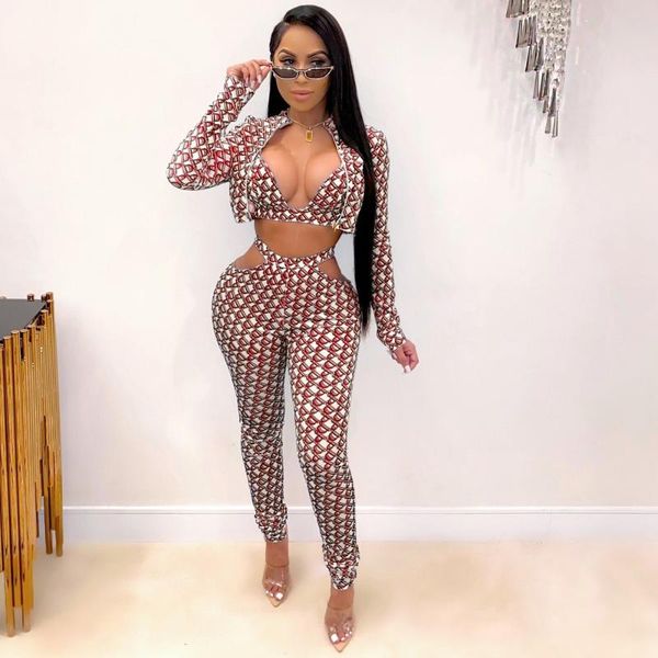 

women's two piece pants women autumn zipper turtleneck jackets+bra+elastic matching sets female casual streetwear plaid 3, White